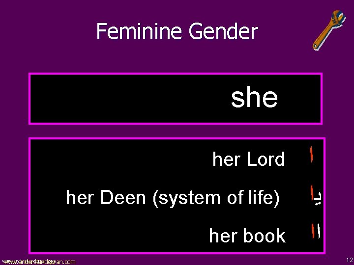 Feminine Gender she her Lord her Deen (system of life) her book www. understandquran.