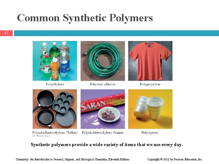 Common Synthetic Polymers 47 Synthetic polymers provide a wide variety of items that we