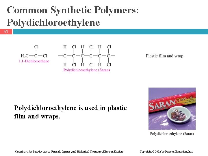 Common Synthetic Polymers: Polydichloroethylene 53 Polydichloroethylene is used in plastic film and wraps. Chemistry: