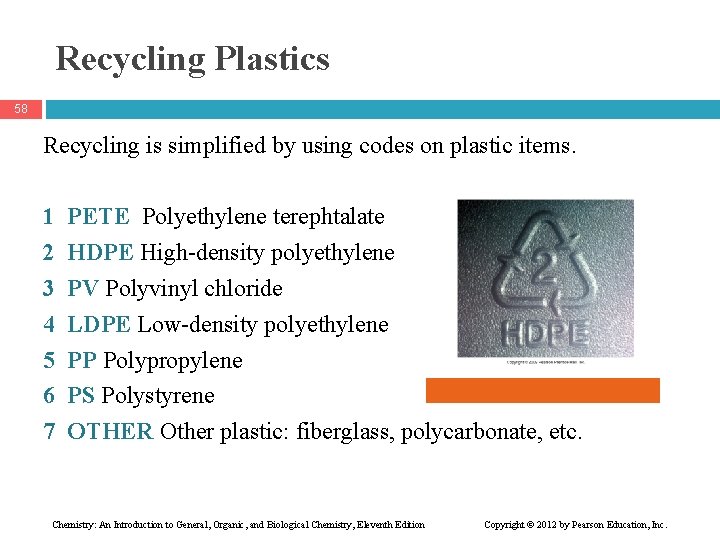 Recycling Plastics 58 Recycling is simplified by using codes on plastic items. 1 2