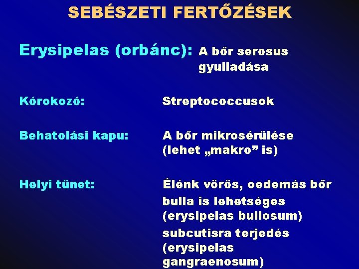 SEBÉSZETI FERTŐZÉSEK Erysipelas (orbánc): A bőr serosus gyulladása Kórokozó: Streptococcusok Behatolási kapu: A bőr