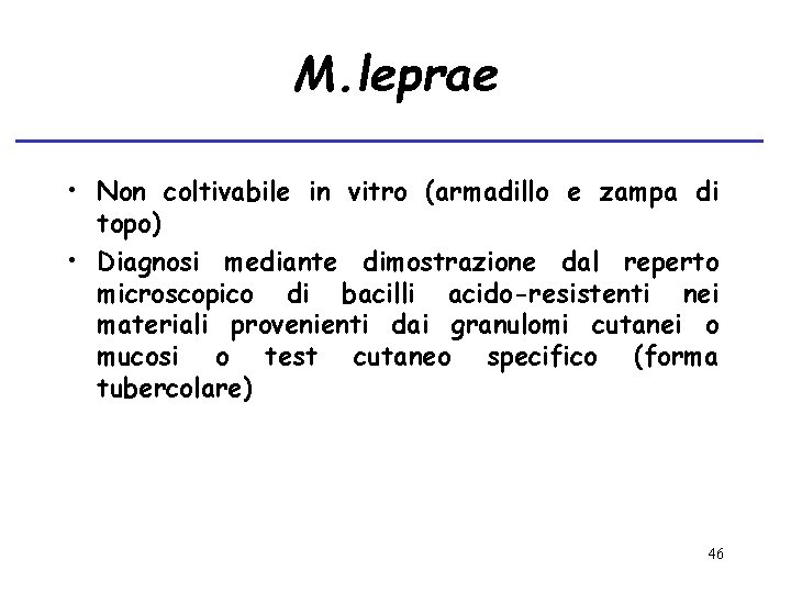 M. leprae • Non coltivabile in vitro (armadillo e zampa di topo) • Diagnosi