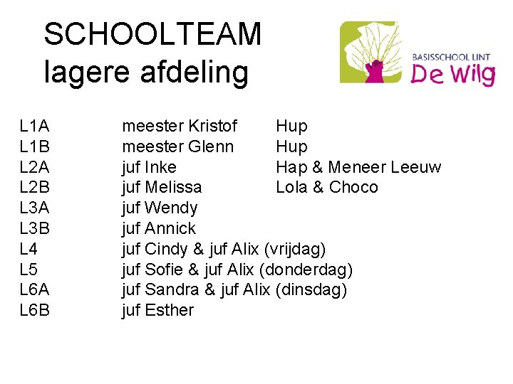 SCHOOLTEAM lagere afdeling L 1 A L 1 B L 2 A L 2