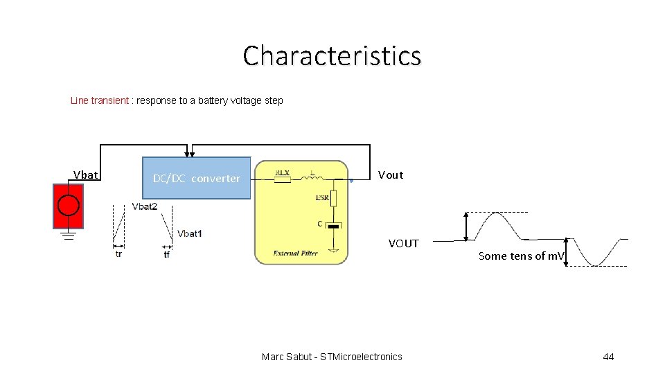 Characteristics Line transient : response to a battery voltage step Vbat DC/DC converter Vout