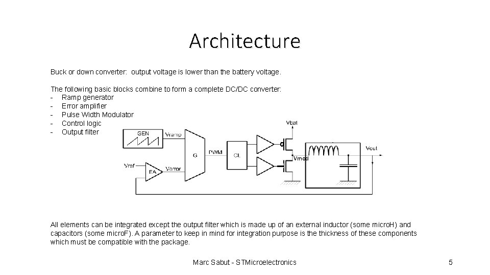 Architecture Buck or down converter: output voltage is lower than the battery voltage. The