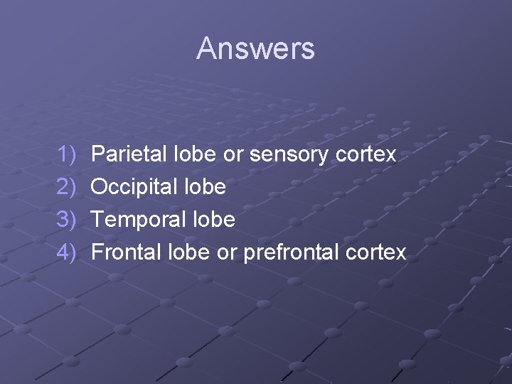 Answers 1) 2) 3) 4) Parietal lobe or sensory cortex Occipital lobe Temporal lobe