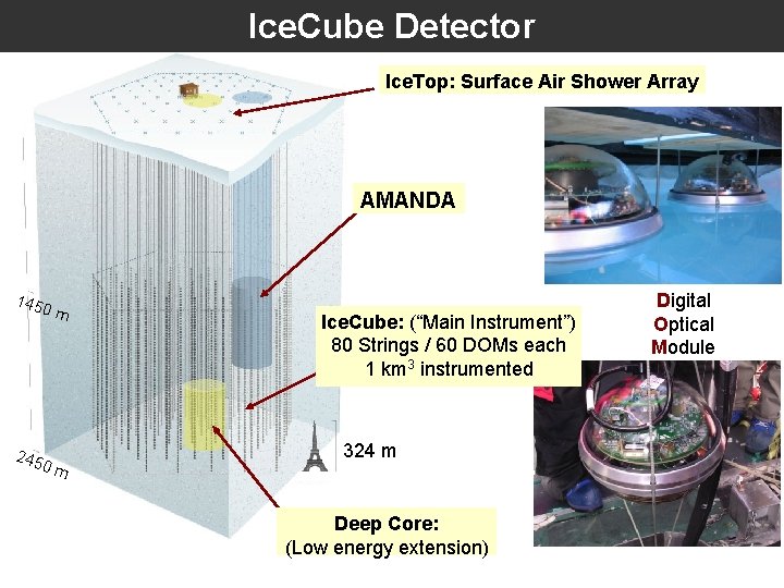 Ice. Cube Detector Ice. Top: Surface Air Shower Array AMANDA 145 0 m 245