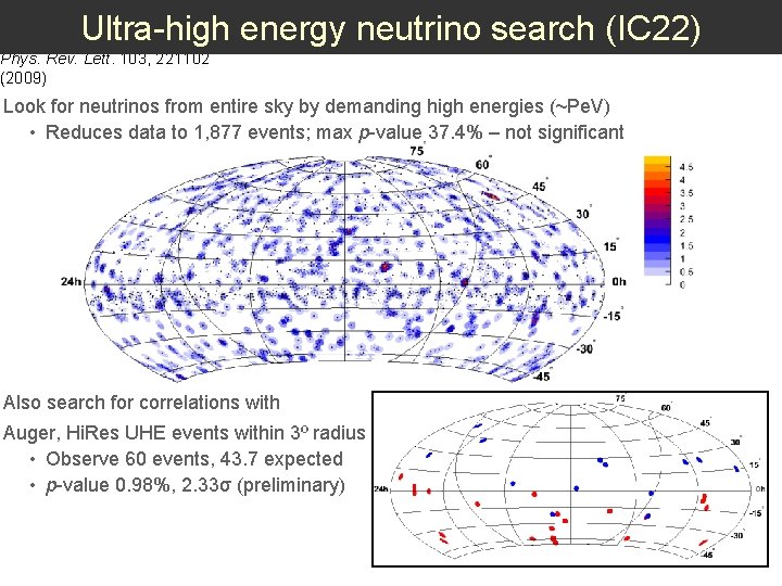Ultra-high energy neutrino search (IC 22) Phys. Rev. Lett. 103, 221102 (2009) Look for