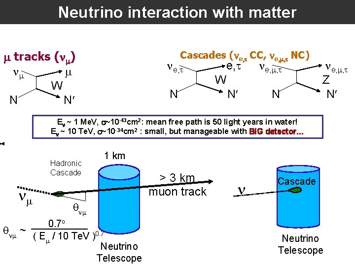 Neutrino interaction with matter m tracks ( m) W N Cascades ( e, t