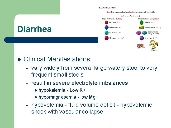 Diarrhea l Clinical Manifestations – – vary widely from several large watery stool to