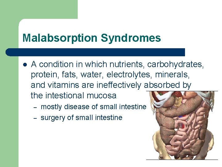 Malabsorption Syndromes l A condition in which nutrients, carbohydrates, protein, fats, water, electrolytes, minerals,