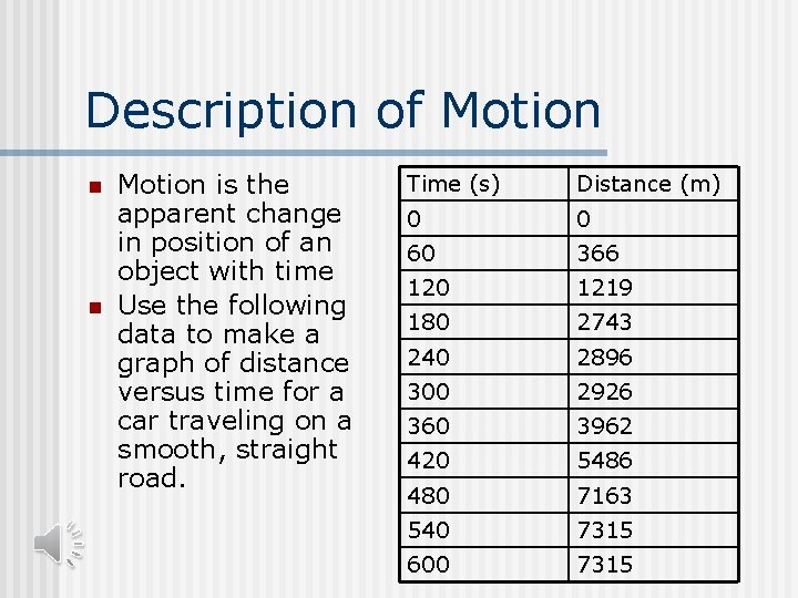 Description of Motion n n Motion is the apparent change in position of an