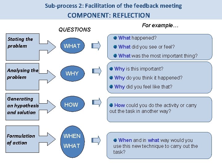 Sub-process 2: Facilitation of the feedback meeting COMPONENT: REFLECTION QUESTIONS Stating the problem For