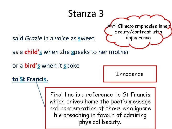 Stanza 3 said Grazie in a voice as sweet Anti Climax-emphasise inner beauty/contrast with