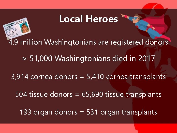Local Heroes 4. 9 million Washingtonians are registered donors ≈ 51, 000 Washingtonians died