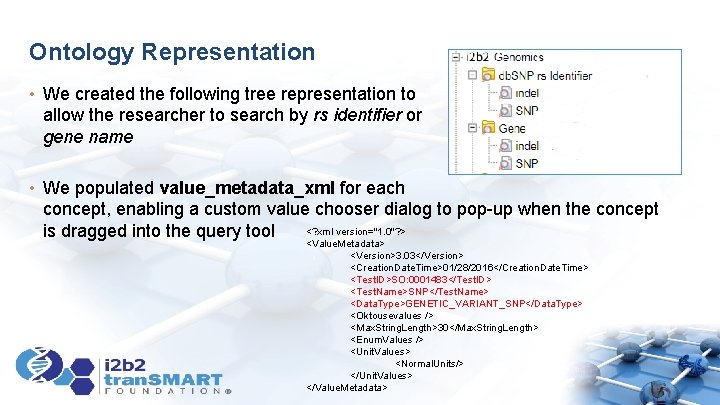 Ontology Representation • We created the following tree representation to allow the researcher to