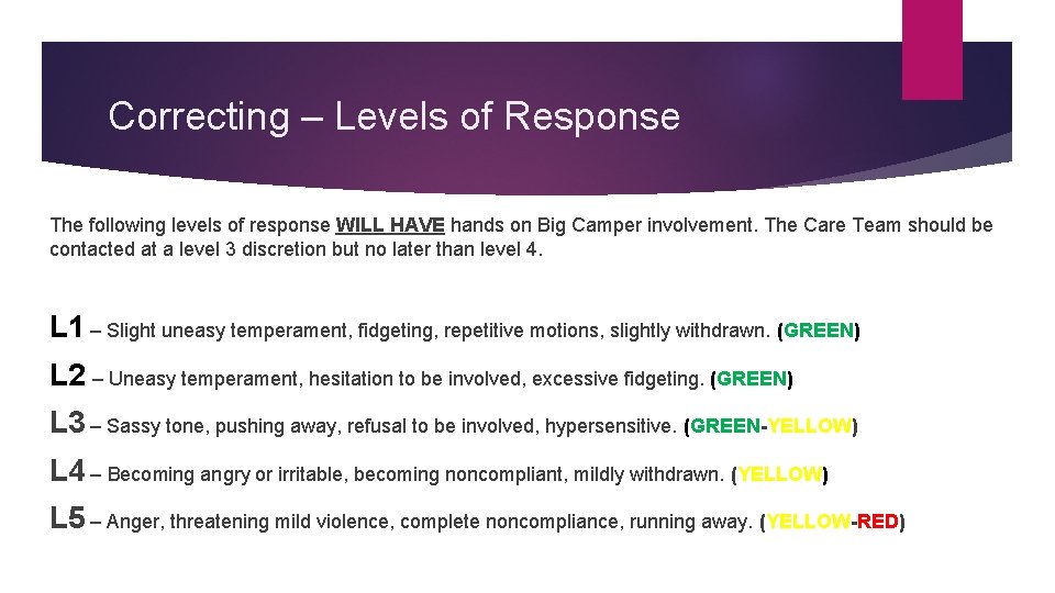 Correcting – Levels of Response The following levels of response WILL HAVE hands on