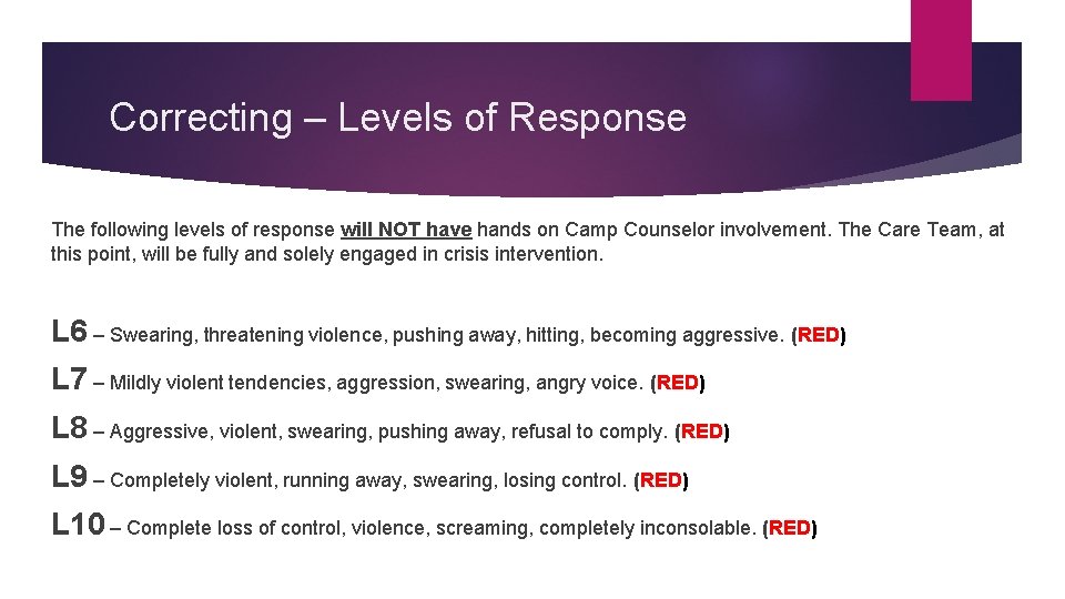 Correcting – Levels of Response The following levels of response will NOT have hands