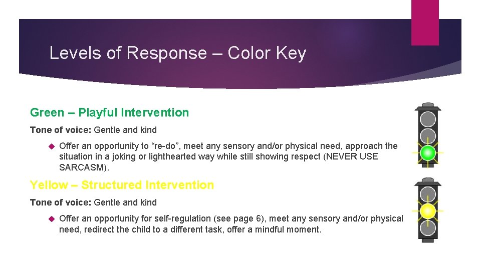 Levels of Response – Color Key Green – Playful Intervention Tone of voice: Gentle