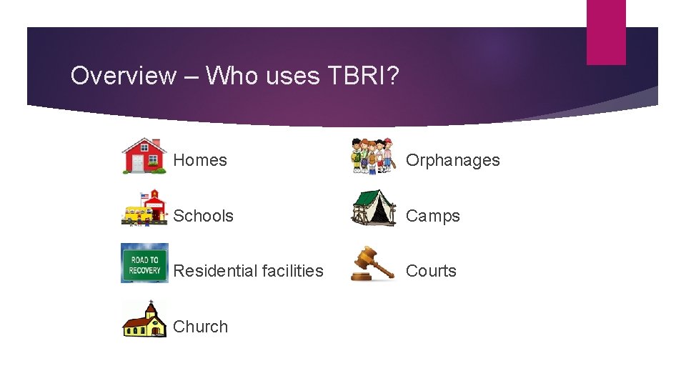 Overview – Who uses TBRI? Homes Orphanages Schools Camps Residential facilities Courts Church 