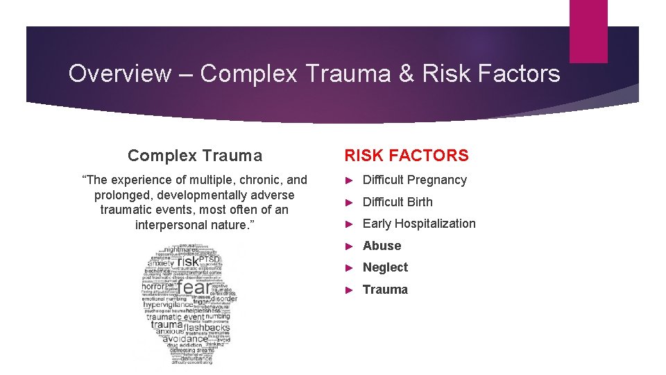 Overview – Complex Trauma & Risk Factors Complex Trauma “The experience of multiple, chronic,