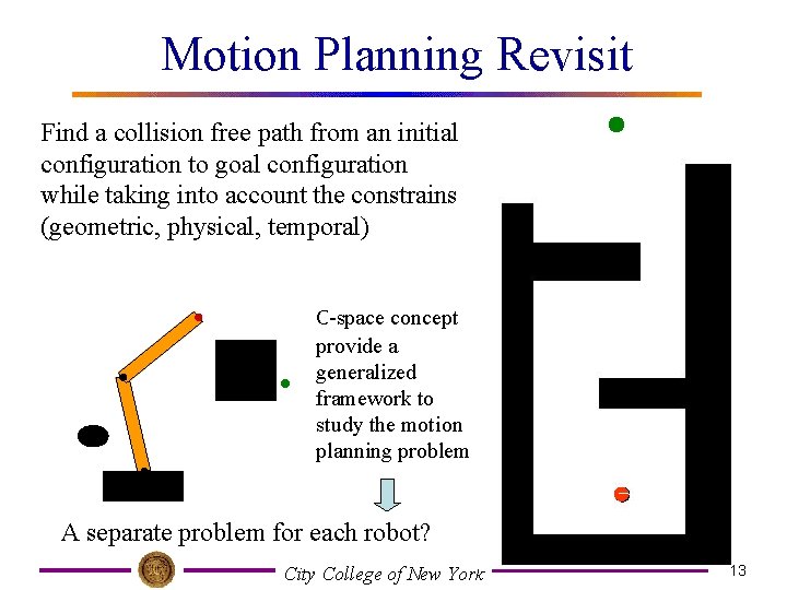 Motion Planning Revisit Find a collision free path from an initial configuration to goal