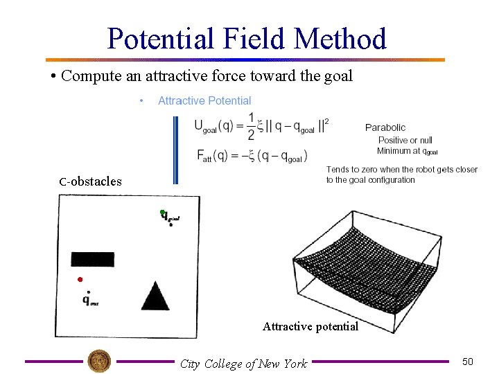 Potential Field Method • Compute an attractive force toward the goal C-obstacles Attractive potential