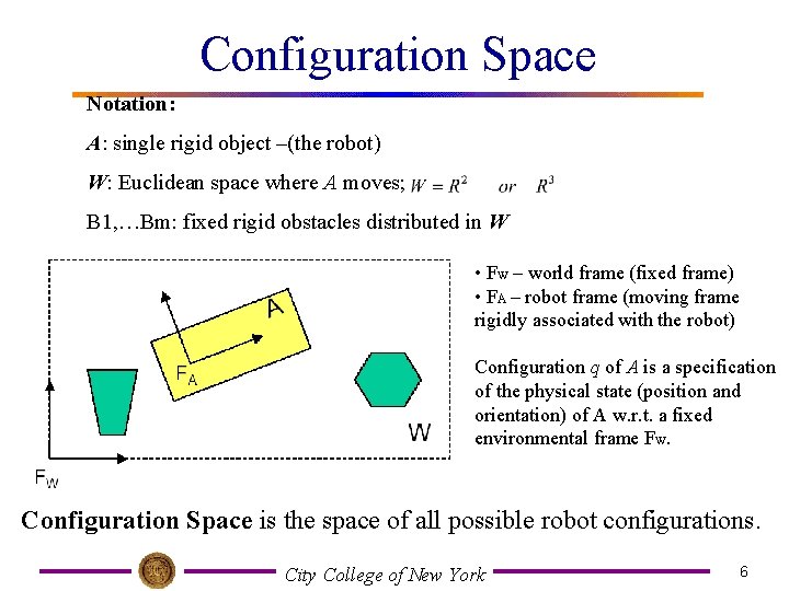 Configuration Space Notation: A: single rigid object –(the robot) W: Euclidean space where A