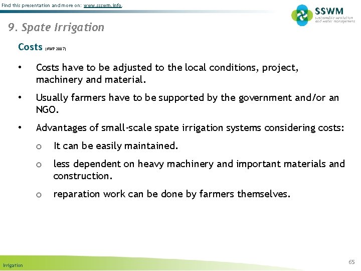 Find this presentation and more on: www. ssswm. info. 9. Spate Irrigation Costs (NWP