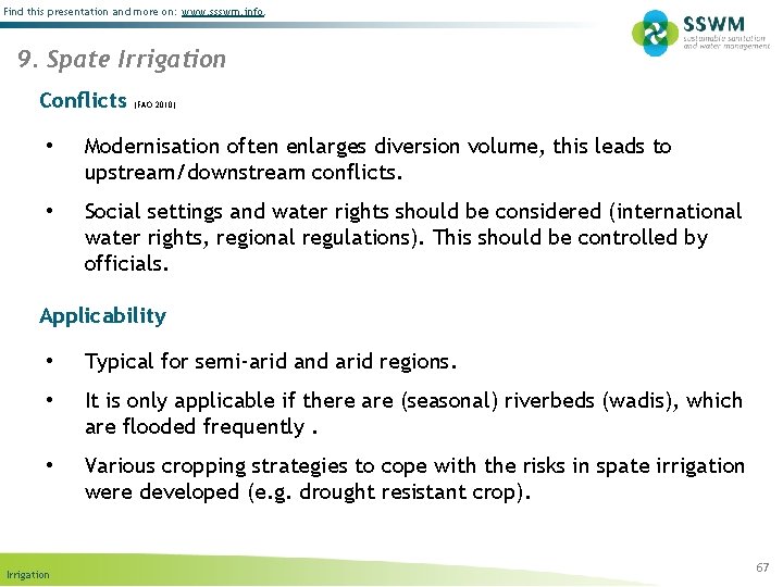 Find this presentation and more on: www. ssswm. info. 9. Spate Irrigation Conflicts (FAO