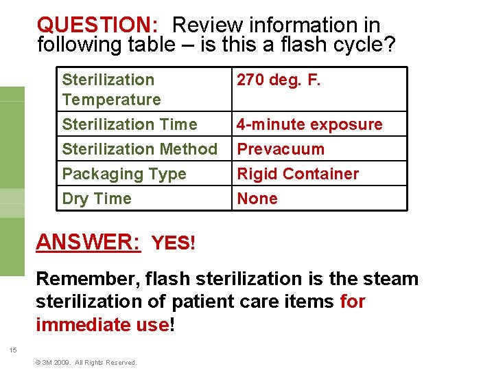 QUESTION: Review information in following table – is this a flash cycle? Sterilization Temperature