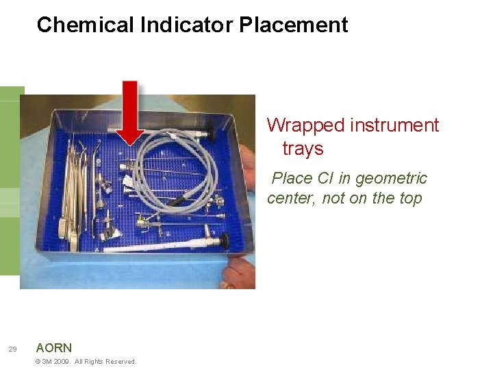 Chemical Indicator Placement Wrapped instrument trays Place CI in geometric center, not on the