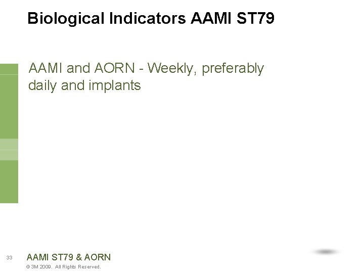 Biological Indicators AAMI ST 79 AAMI and AORN - Weekly, preferably daily and implants