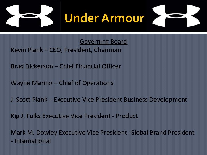 Under Armour Governing Board Kevin Plank – CEO, President, Chairman Brad Dickerson – Chief