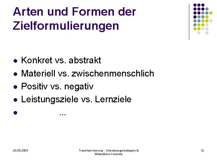 Arten und Formen der Zielformulierungen l l l Konkret vs. abstrakt Materiell vs. zwischenmenschlich