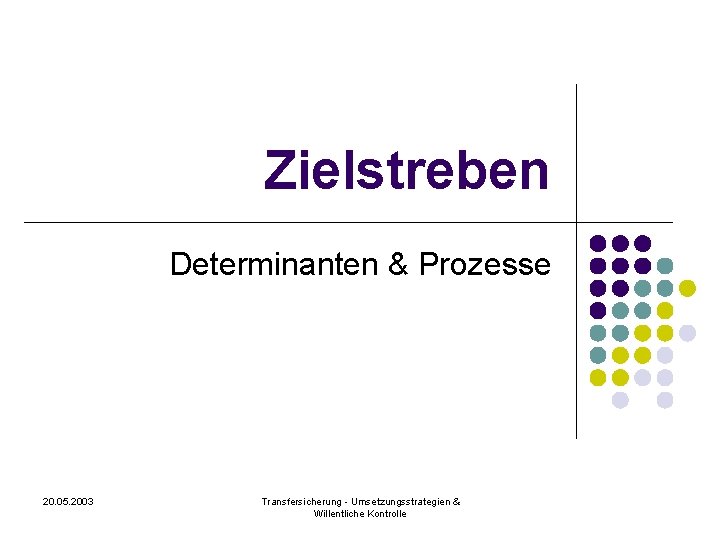 Zielstreben Determinanten & Prozesse 20. 05. 2003 Transfersicherung - Umsetzungsstrategien & Willentliche Kontrolle 