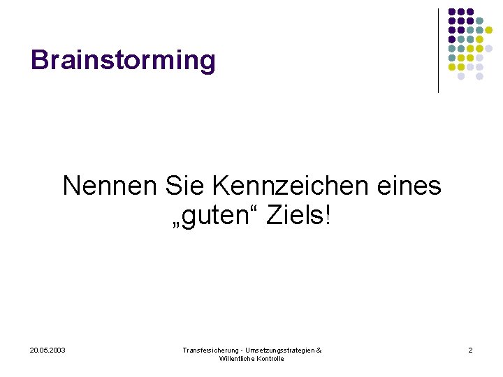 Brainstorming Nennen Sie Kennzeichen eines „guten“ Ziels! 20. 05. 2003 Transfersicherung - Umsetzungsstrategien &