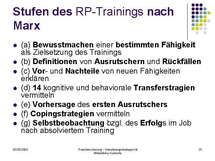 Stufen des RP-Trainings nach Marx l l l l (a) Bewusstmachen einer bestimmten Fähigkeit