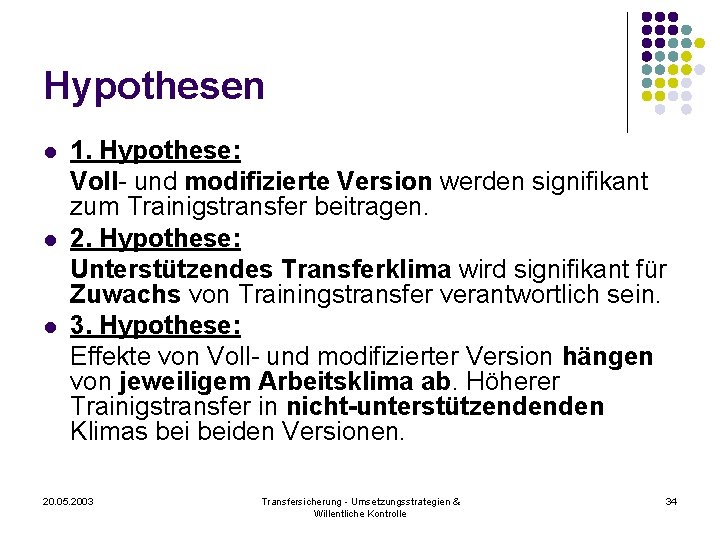 Hypothesen l l l 1. Hypothese: Voll- und modifizierte Version werden signifikant zum Trainigstransfer