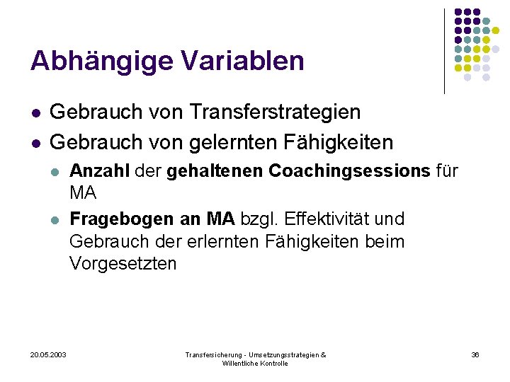 Abhängige Variablen l l Gebrauch von Transferstrategien Gebrauch von gelernten Fähigkeiten l l 20.