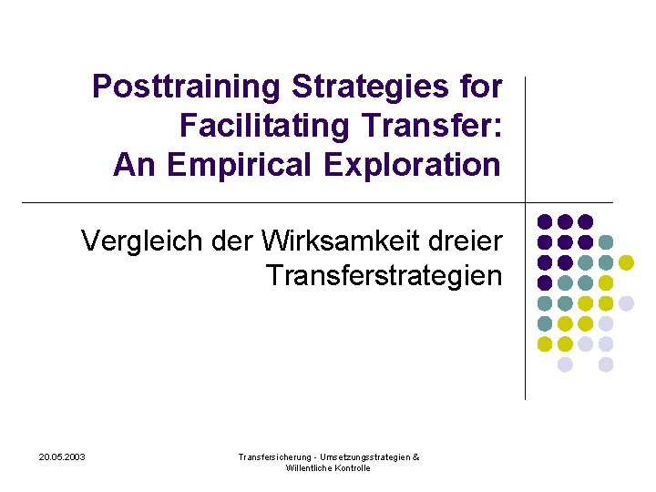 Posttraining Strategies for Facilitating Transfer: An Empirical Exploration Vergleich der Wirksamkeit dreier Transferstrategien 20.