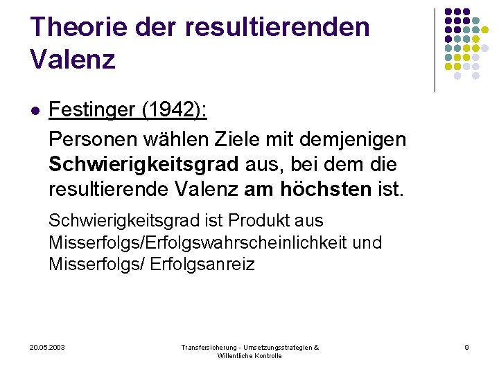 Theorie der resultierenden Valenz l Festinger (1942): Personen wählen Ziele mit demjenigen Schwierigkeitsgrad aus,