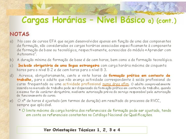 Cargas Horárias – Nível Básico a) (cont. ) NOTAS: a) No caso de cursos