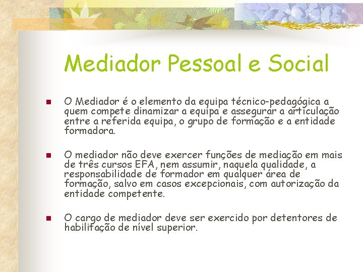 Mediador Pessoal e Social n n n O Mediador é o elemento da equipa