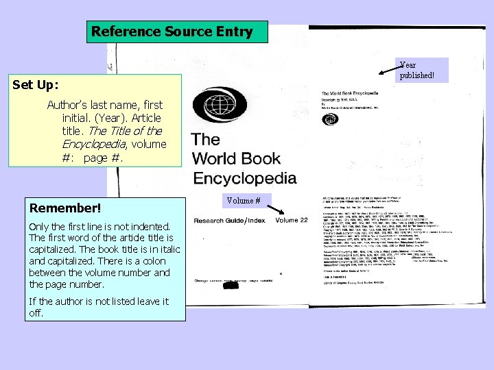 Reference Source Entry Year published! Set Up: Author’s last name, first initial. (Year). Article