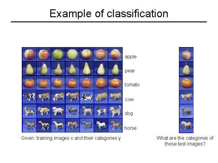 Example of classification apple pear tomato cow dog horse Given: training images x and