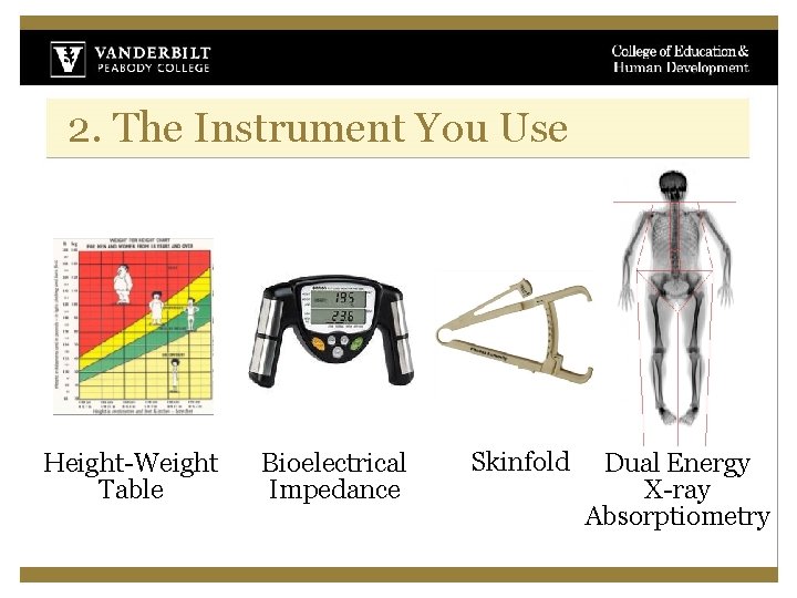 2. The Instrument You Use Height-Weight Table Bioelectrical Impedance Skinfold Dual Energy X-ray Absorptiometry