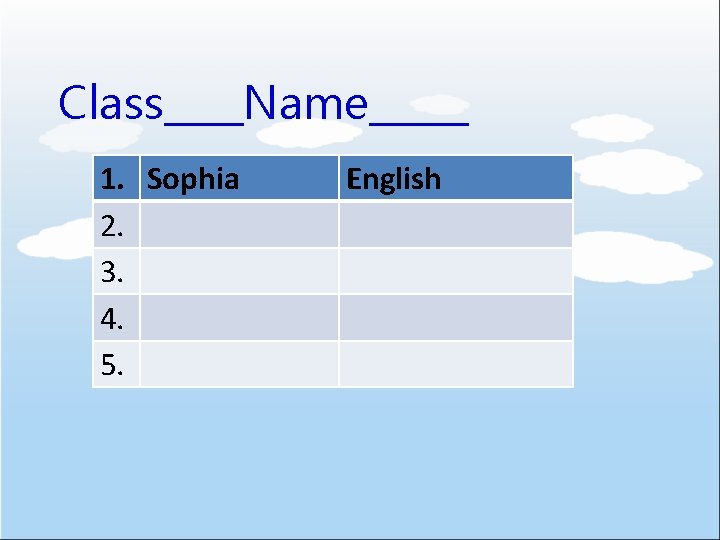 Class____Name_____ 1. Sophia 2. 3. 4. 5. English 