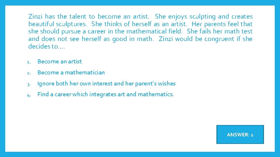 Zinzi has the talent to become an artist. She enjoys sculpting and creates beautiful