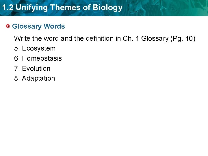 1. 2 Unifying Themes of Biology Glossary Words Write the word and the definition